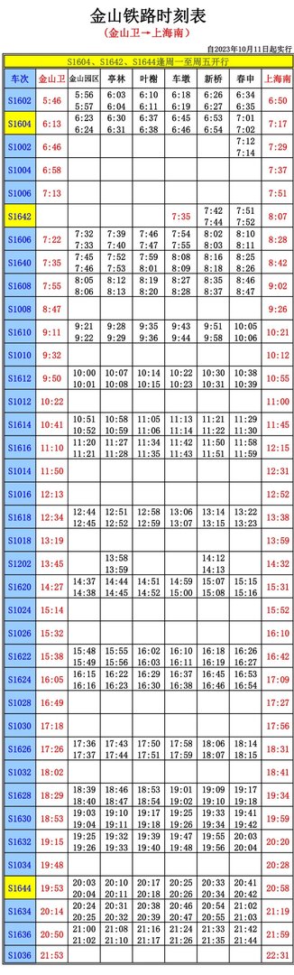 2023金山铁路时刻表？