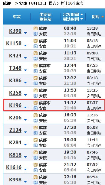 成都到安康的火车时刻表k186