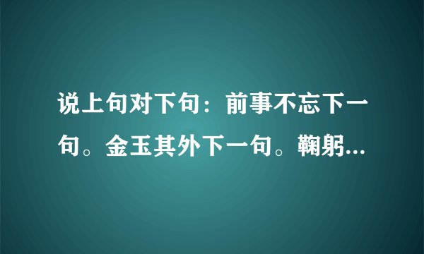 说上句对下句：前事不忘下一句。金玉其外下一句。鞠躬尽瘁下一句。物以类聚下一句。项庄舞剑下一句。百足