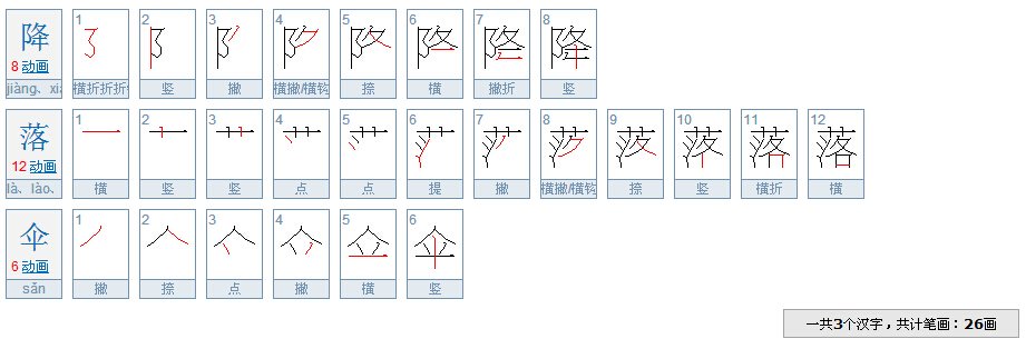 请问“降落伞”这三个字多少画