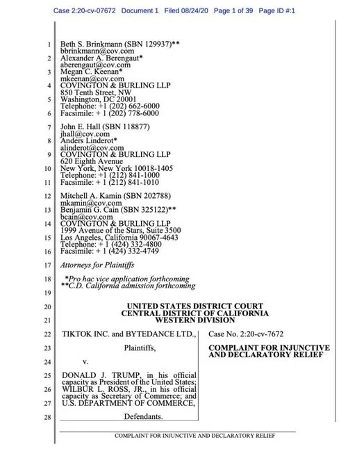 TikTok公布起诉书细节 39页129条控诉特朗普七宗罪