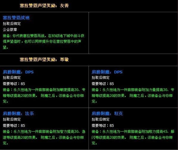 塞拉赞恩声望及奖励