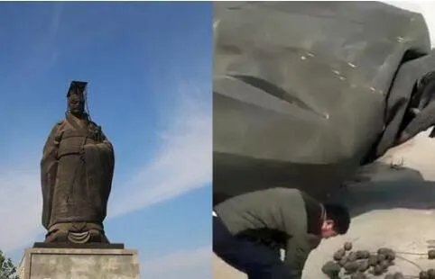 秦始皇铜像被吹倒