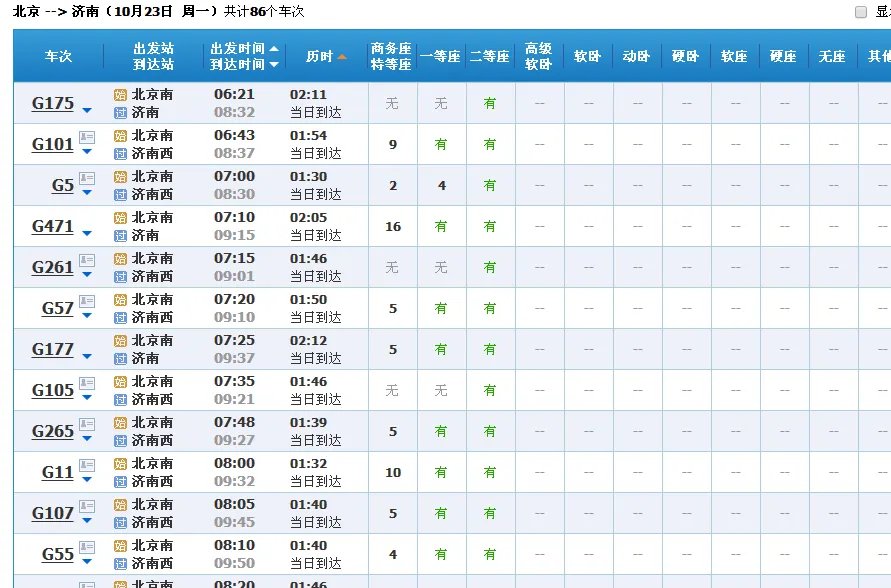 北京南到济南的火车每天有几趟